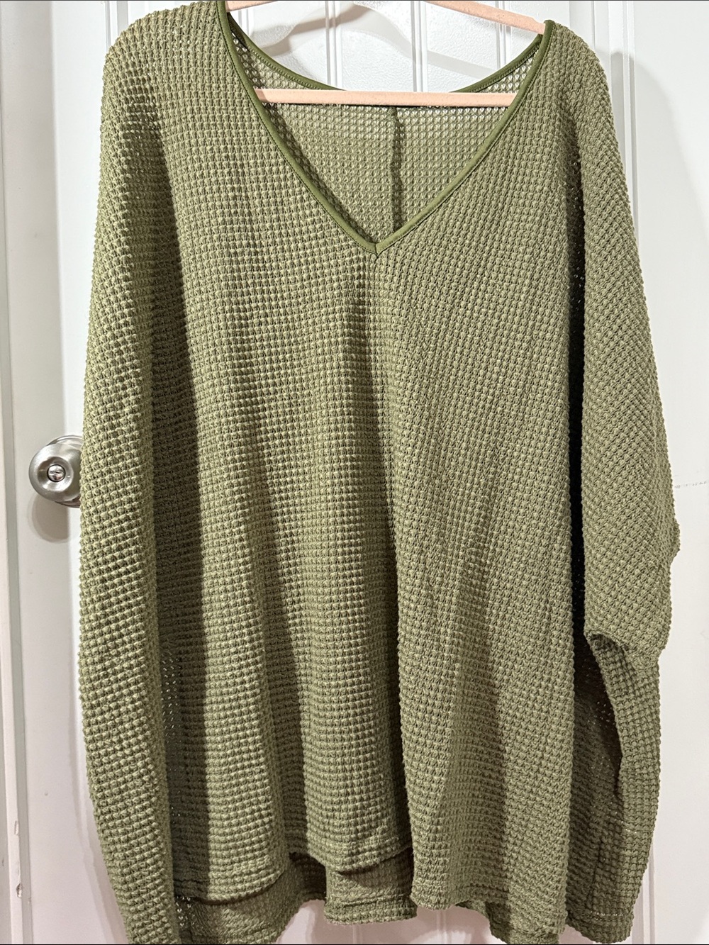 SHEIN Olive Green Waffle Knit V-Neck Sweater